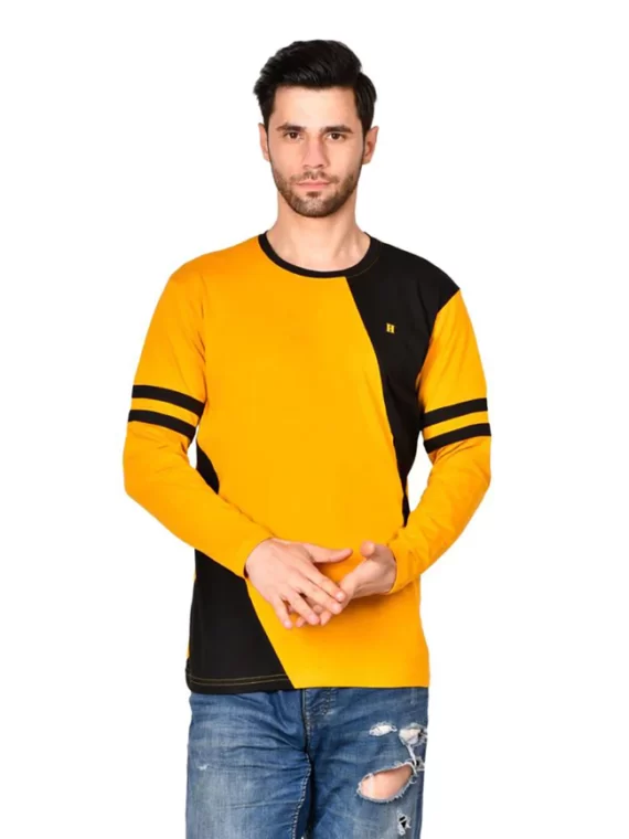 Men's Cotton Spandex Sleeve Striped Yellow Full Sleeve T-shirt